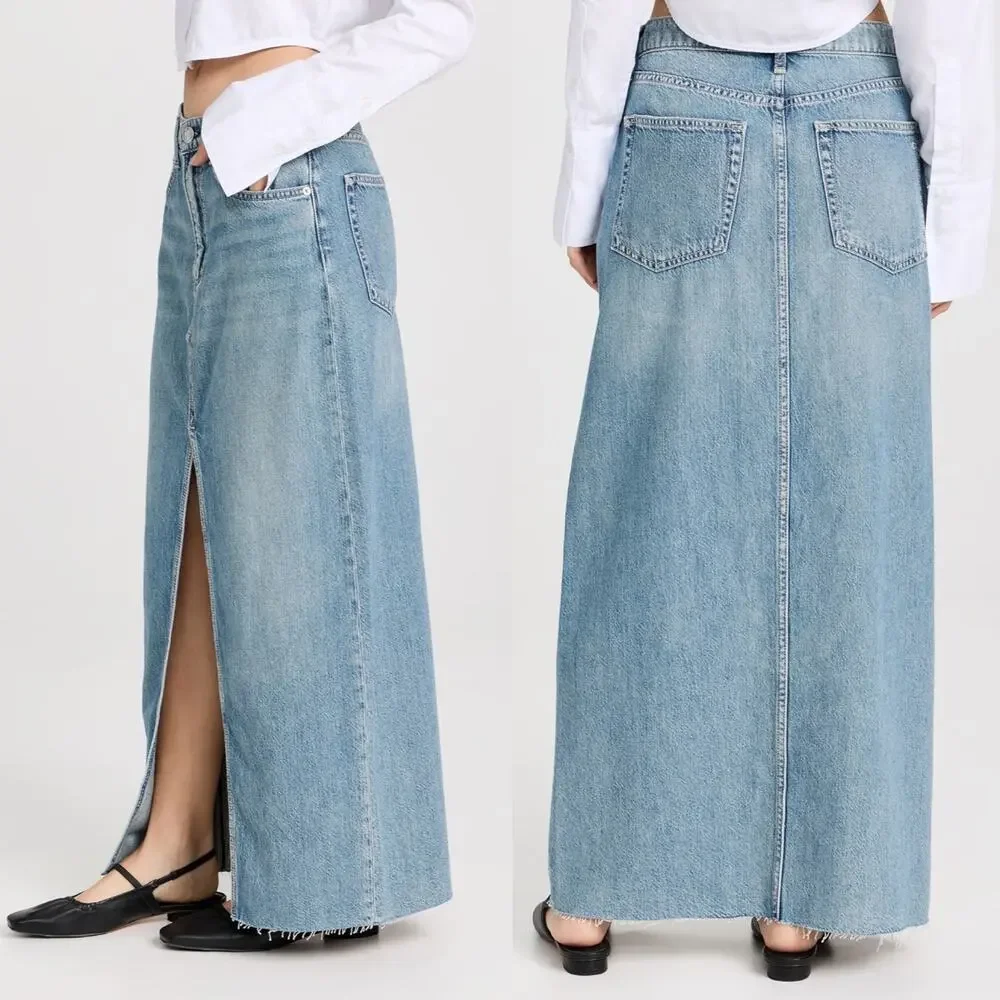 rag & bone Avery Featherweight Denim Maxi Skirt in Beverlys Raw Hem size 29 - Picture 2 of 16